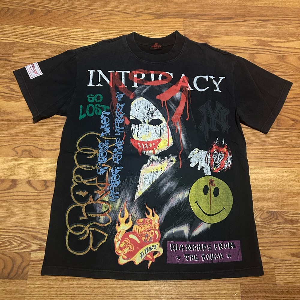 Graphic Black T-Shirt with Colorful Patches